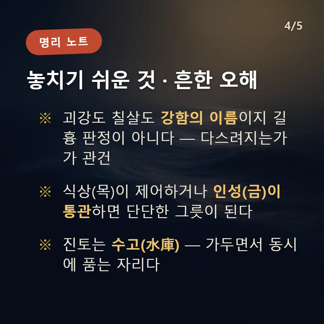 임진일주 주의·오해 — 괴강도 칠살도 강함의 이름이지 길흉 판정이 아니다 — 다스려지는가가 관건 / 식상(목)이 제어하거나 인성(금)이 통관하면 단단한 그릇이 된다 / 진토는 수고(水庫) — 가두면서 동시에 품는 자리다