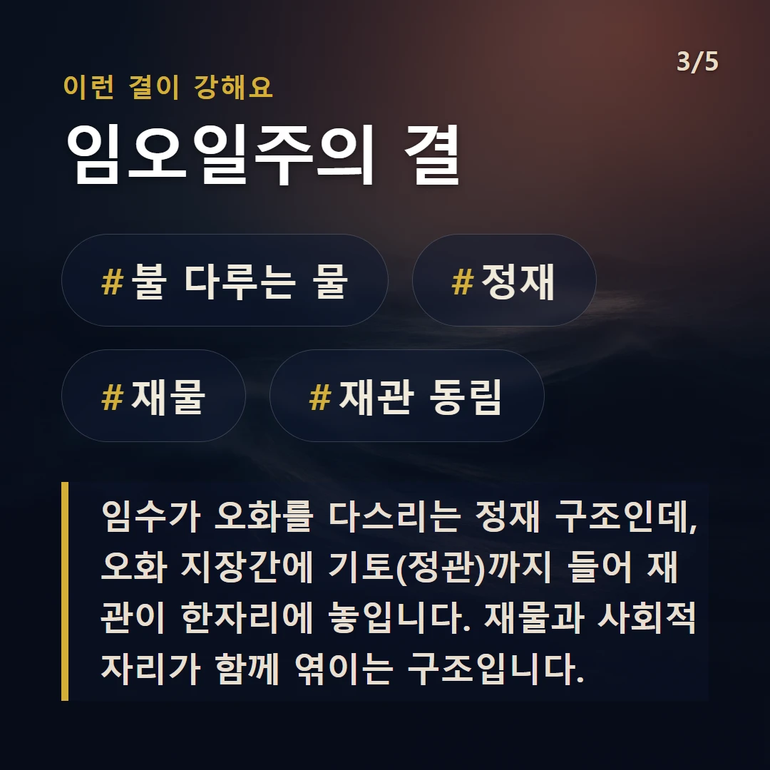 임오일주의 결 — #불 다루는 물 #정재 #재물 #재관 동림