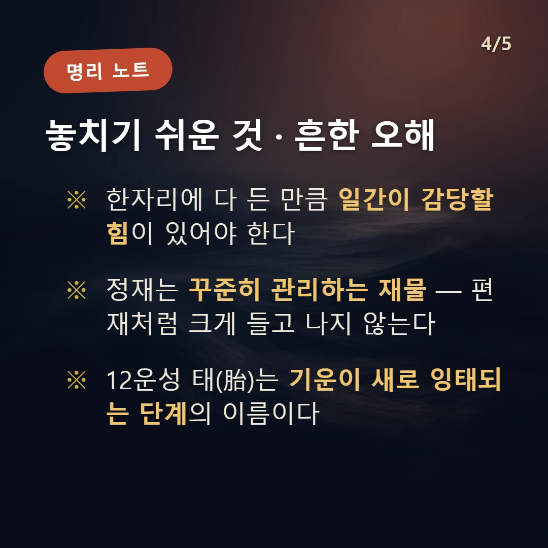 임오일주 주의·오해 — 한자리에 다 든 만큼 일간이 감당할 힘이 있어야 한다 / 정재는 꾸준히 관리하는 재물 — 편재처럼 크게 들고 나지 않는다 / 12운성 태(胎)는 기운이 새로 잉태되는 단계의 이름이다