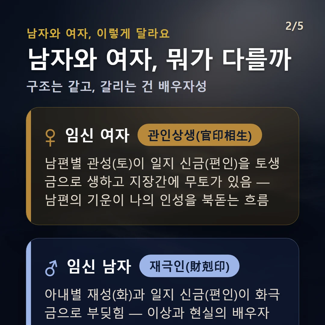 임신일주 남녀 차이 — 여자 관인상생(官印相生): 남편별 관성(토)이 일지 신금(편인)을 토생금으로 생하고 지장간에 무토가 있음 — 남편의 기운이 나의 인성을 북돋는 흐름 / 남자 재극인(財剋印): 아내별 재성(화)과 일지 신금(편인)이 화극금으로 부딪힘 — 이상과 현실의 배우자상이 엇갈리기 쉬운 결