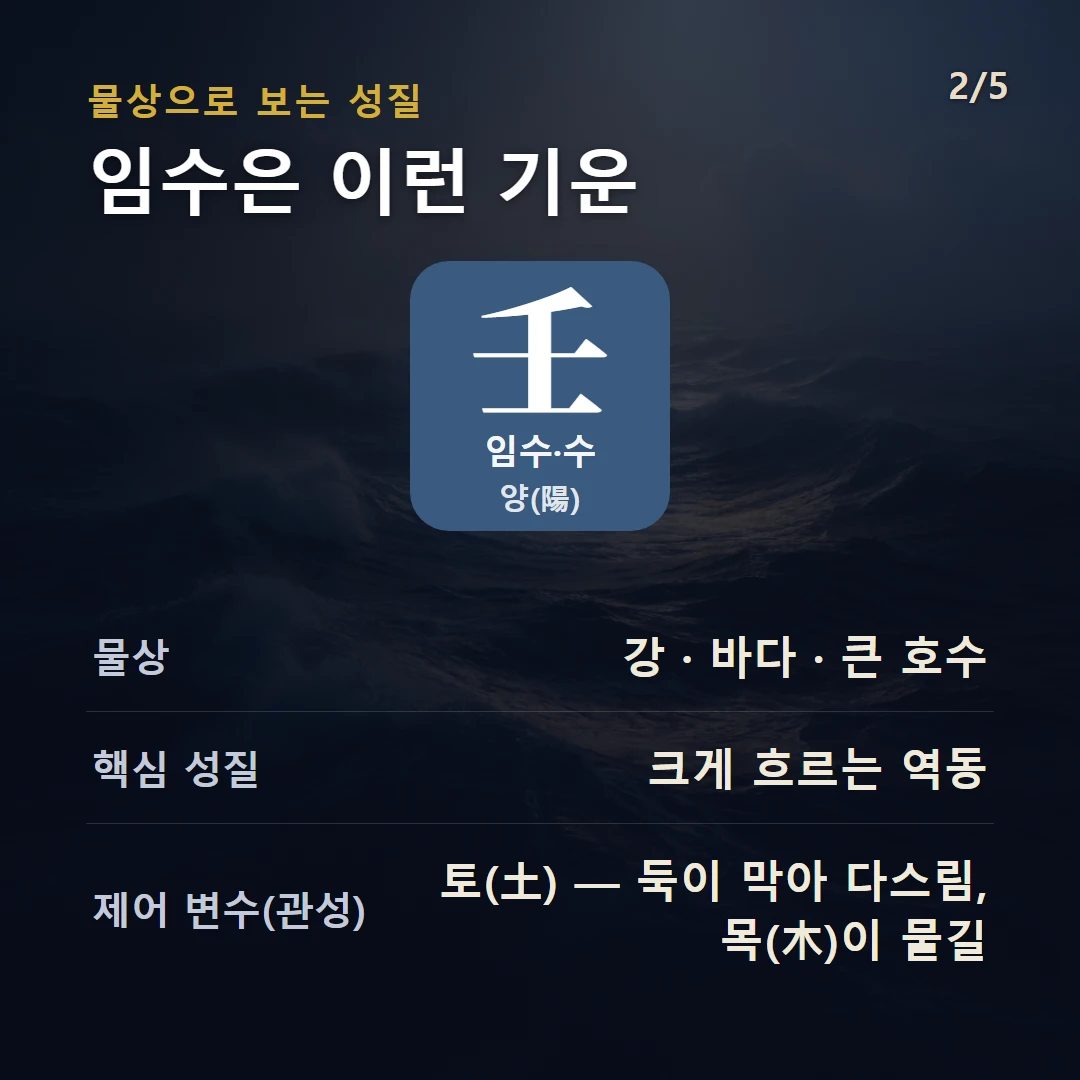 임수 물상·성질 — 수 양, 물상 강 · 바다 · 큰 호수, 크게 흐르는 역동, 제어 변수 토(土) — 둑이 막아 다스림, 목(木)이 물길