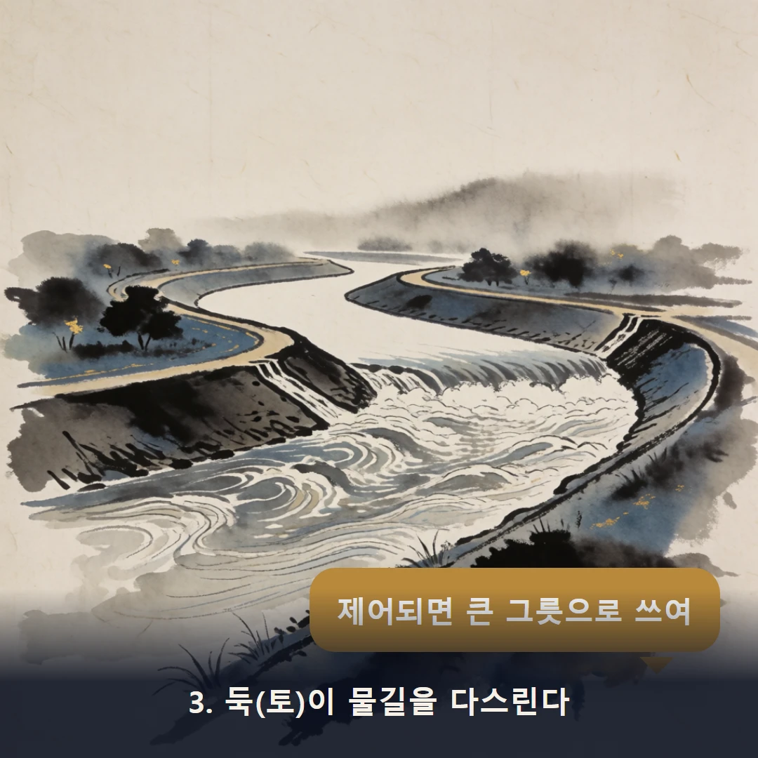 웹툰 3컷 — 3. 둑(토)이 물길을 다스린다 (제어되면 큰 그릇으로 쓰여)