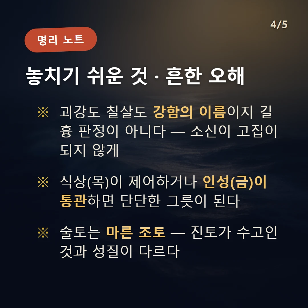 임술일주 주의·오해 — 괴강도 칠살도 강함의 이름이지 길흉 판정이 아니다 — 소신이 고집이 되지 않게 / 식상(목)이 제어하거나 인성(금)이 통관하면 단단한 그릇이 된다 / 술토는 마른 조토 — 진토가 수고인 것과 성질이 다르다