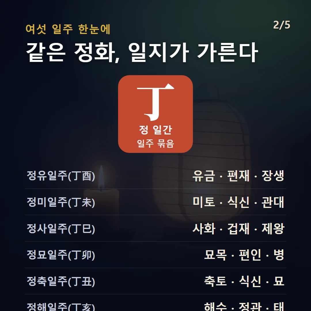 정 일간 일주 구조 — 정화 일간의 여섯 일주(정축·정묘·정사·정미·정유·정해)를 데이터로 비교