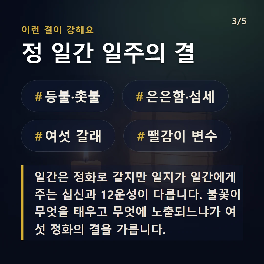 정 일간 일주의 결 — #등불·촛불 #은은함·섬세 #여섯 갈래 #땔감이 변수