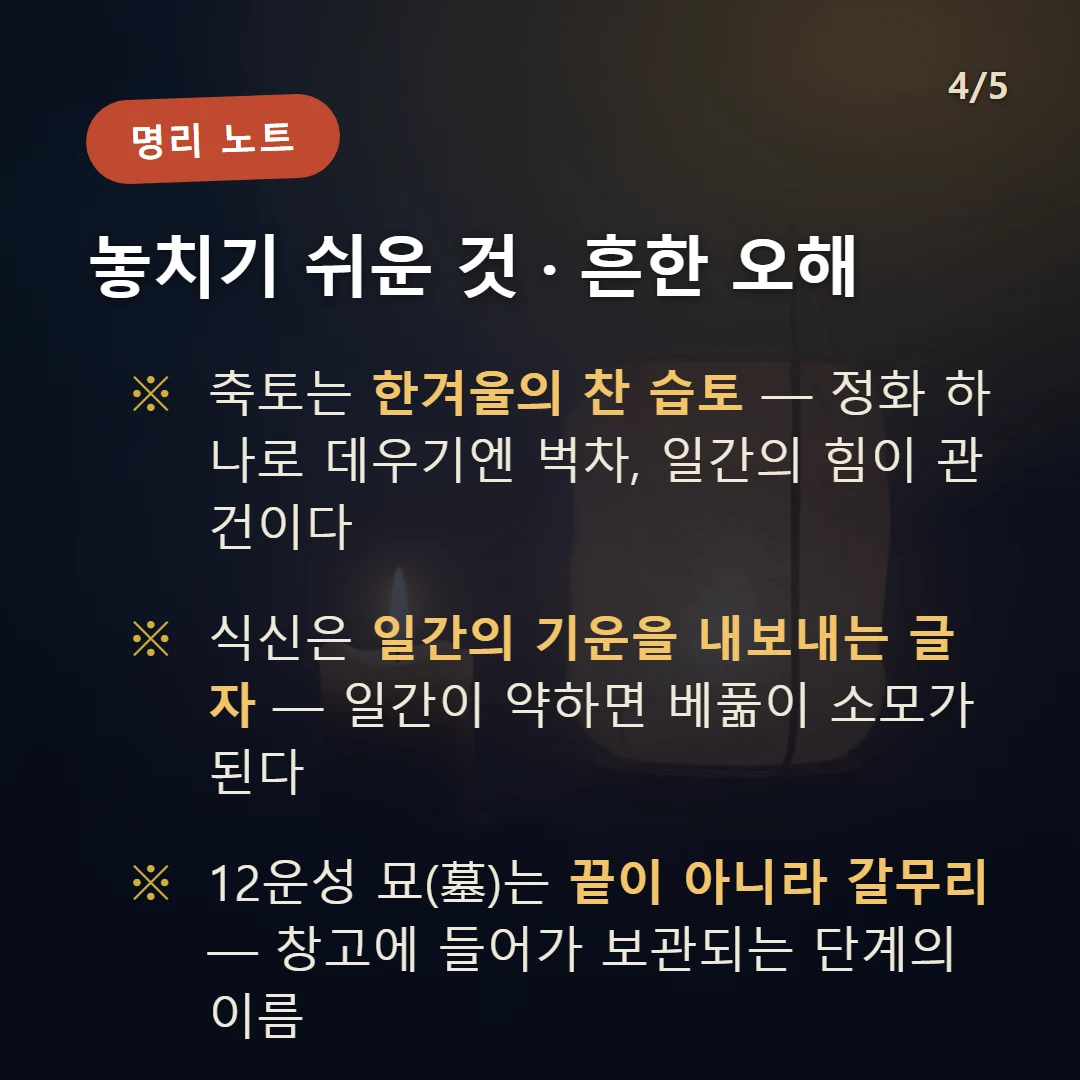 정축일주 주의·오해 — 축토는 한겨울의 찬 습토 — 정화 하나로 데우기엔 벅차, 일간의 힘이 관건이다 / 식신은 일간의 기운을 내보내는 글자 — 일간이 약하면 베풂이 소모가 된다 / 12운성 묘(墓)는 끝이 아니라 갈무리 — 창고에 들어가 보관되는 단계의 이름