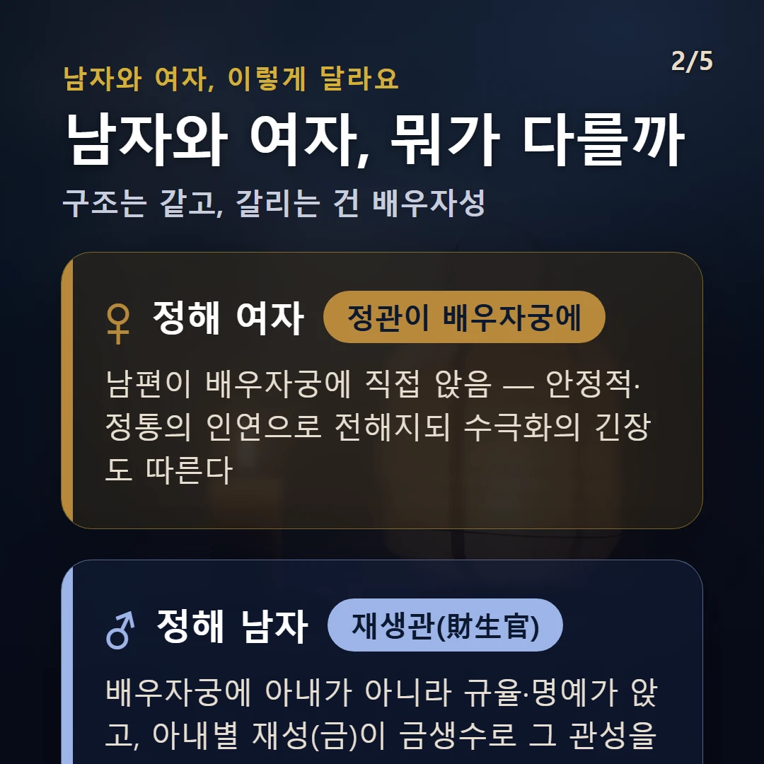 정해일주 남녀 차이 — 여자 정관이 배우자궁에: 남편이 배우자궁에 직접 앉음 — 안정적·정통의 인연으로 전해지되 수극화의 긴장도 따른다 / 남자 재생관(財生官): 배우자궁에 아내가 아니라 규율·명예가 앉고, 아내별 재성(금)이 금생수로 그 관성을 생 — 아내가 사회적 그릇을 받치는 자리