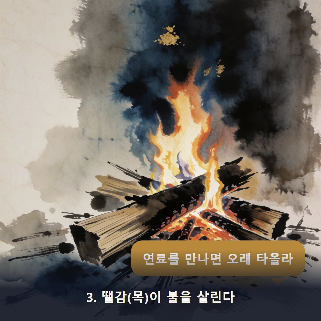 웹툰 3컷 — 3. 땔감(목)이 불을 살린다 (연료를 만나면 오래 타올라)