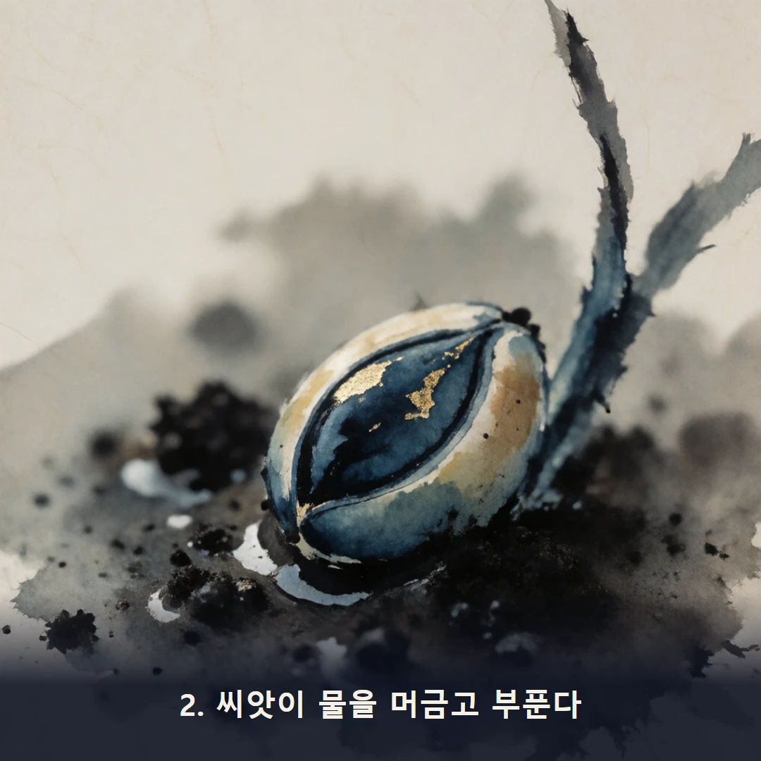 웹툰 2컷 — 2. 씨앗이 물을 머금고 부푼다