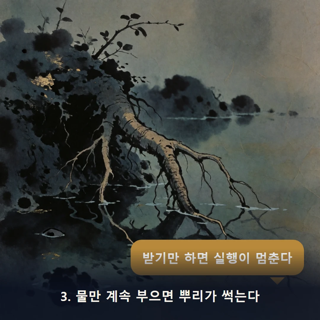웹툰 3컷 — 3. 물만 계속 부으면 뿌리가 썩는다 (받기만 하면 실행이 멈춘다)