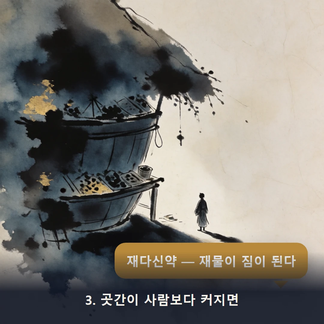 웹툰 3컷 — 3. 곳간이 사람보다 커지면 (재다신약 — 재물이 짐이 된다)