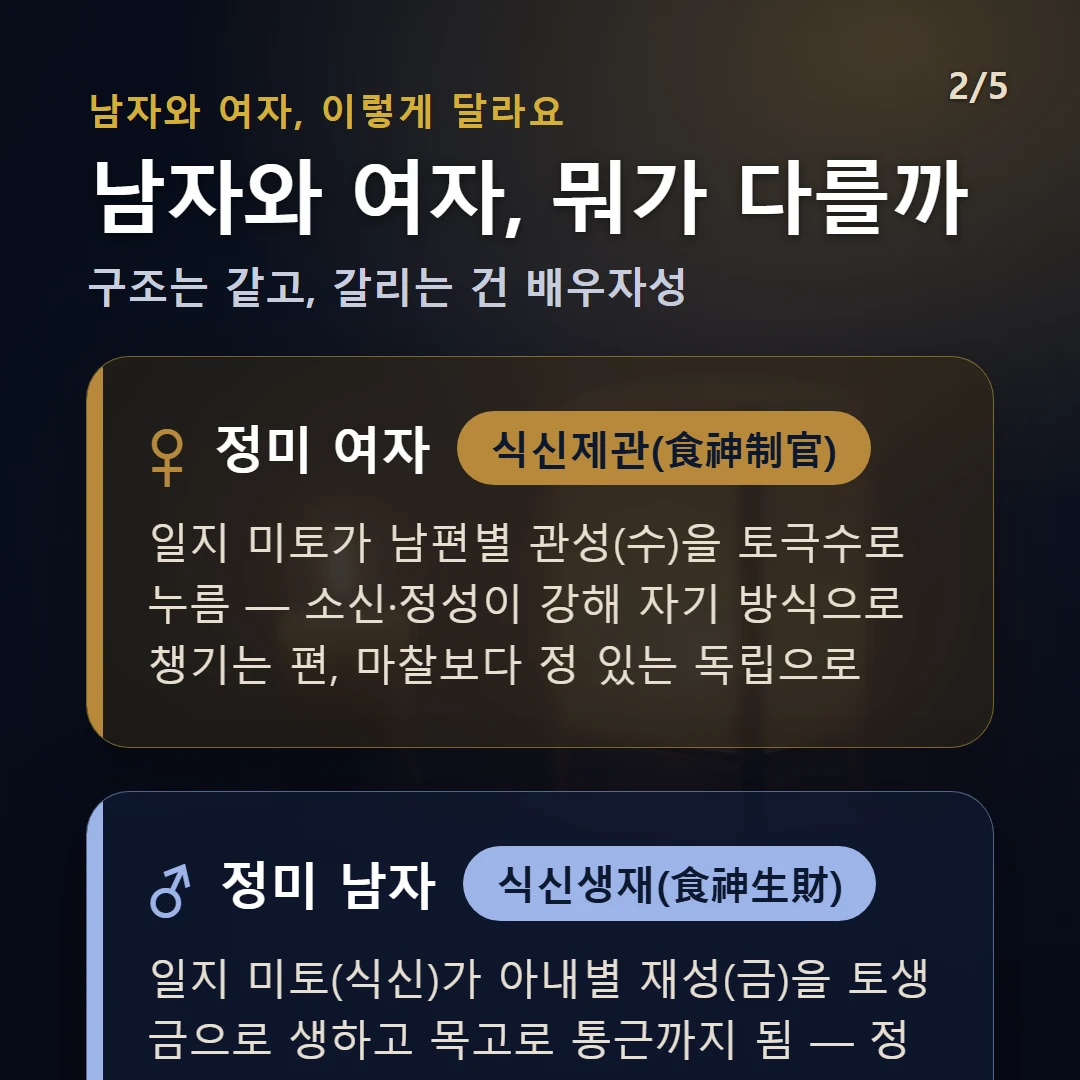 정미일주 남녀 차이 — 여자 식신제관(食神制官): 일지 미토가 남편별 관성(수)을 토극수로 누름 — 소신·정성이 강해 자기 방식으로 챙기는 편, 마찰보다 정 있는 독립으로 / 남자 식신생재(食神生財): 일지 미토(식신)가 아내별 재성(금)을 토생금으로 생하고 목고로 통근까지 됨 — 정 있게 베푸는 표현이 안정적 가정·재물로