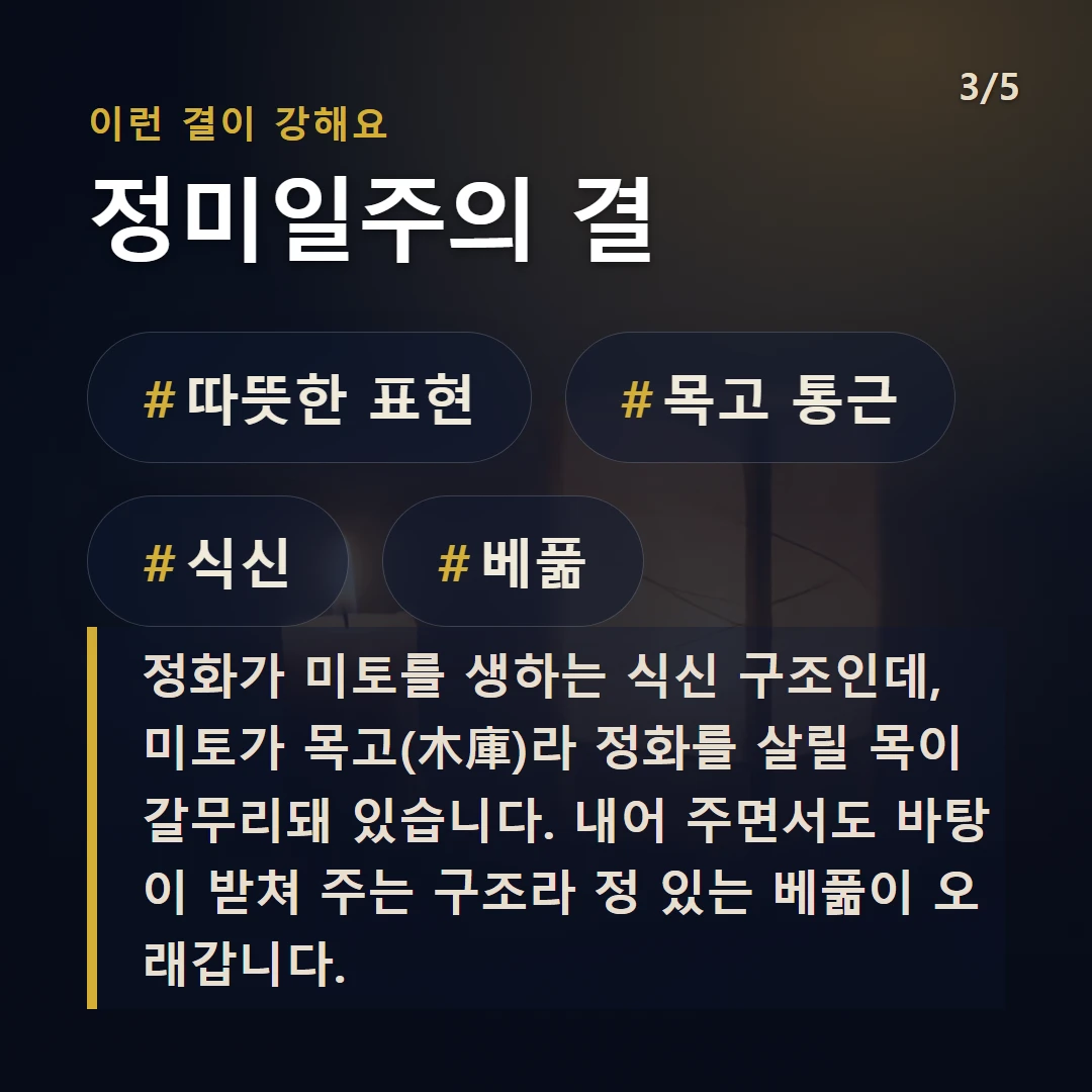 정미일주의 결 — #따뜻한 표현 #목고 통근 #식신 #베풂