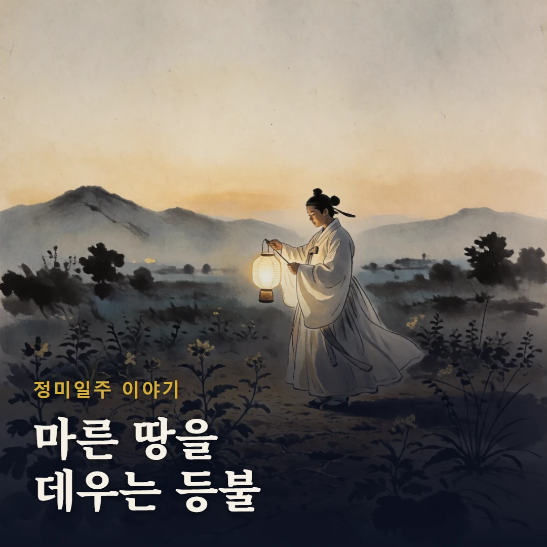 정미일주 이야기 표지 — 마른 땅을 데우는 등불