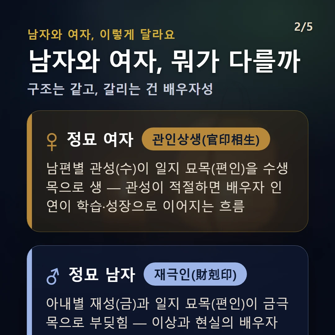 정묘일주 남녀 차이 — 여자 관인상생(官印相生): 남편별 관성(수)이 일지 묘목(편인)을 수생목으로 생 — 관성이 적절하면 배우자 인연이 학습·성장으로 이어지는 흐름 / 남자 재극인(財剋印): 아내별 재성(금)과 일지 묘목(편인)이 금극목으로 부딪힘 — 이상과 현실의 배우자상이 엇갈리기 쉬운 결