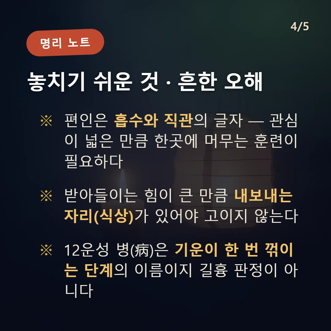 정묘일주 주의·오해 — 편인은 흡수와 직관의 글자 — 관심이 넓은 만큼 한곳에 머무는 훈련이 필요하다 / 받아들이는 힘이 큰 만큼 내보내는 자리(식상)가 있어야 고이지 않는다 / 12운성 병(病)은 기운이 한 번 꺾이는 단계의 이름이지 길흉 판정이 아니다