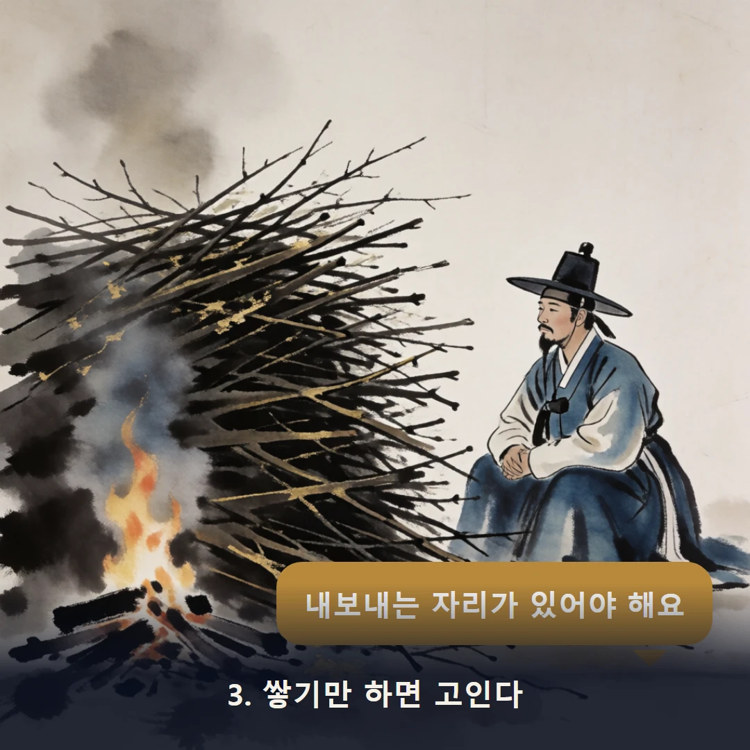 웹툰 3컷 — 3. 쌓기만 하면 고인다 (내보내는 자리가 있어야 해요)
