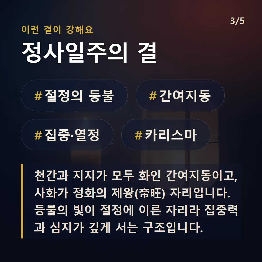 정사일주의 결 — #절정의 등불 #간여지동 #집중·열정 #카리스마