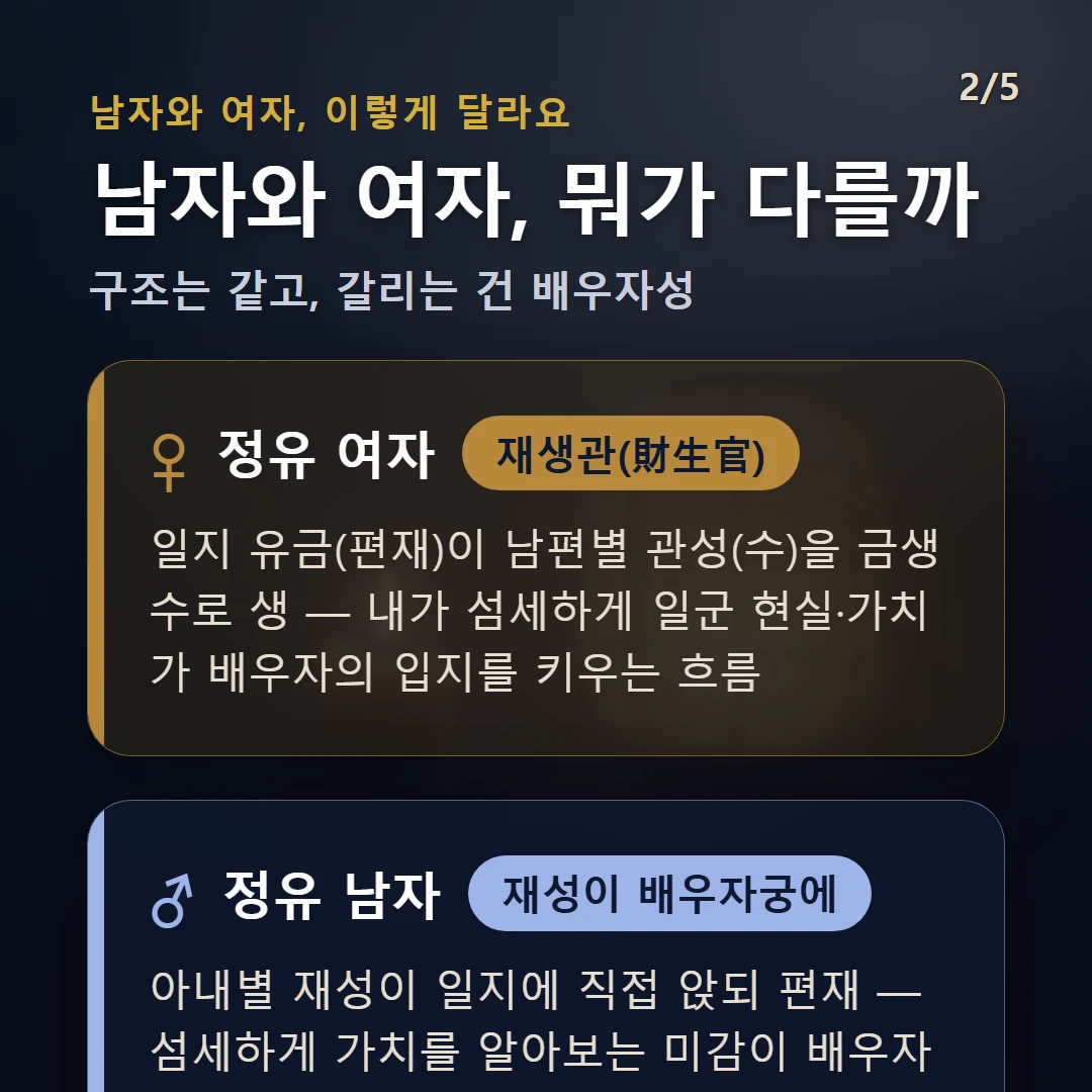 정유일주 남녀 차이 — 여자 재생관(財生官): 일지 유금(편재)이 남편별 관성(수)을 금생수로 생 — 내가 섬세하게 일군 현실·가치가 배우자의 입지를 키우는 흐름 / 남자 재성이 배우자궁에: 아내별 재성이 일지에 직접 앉되 편재 — 섬세하게 가치를 알아보는 미감이 배우자상과 연결되는 결