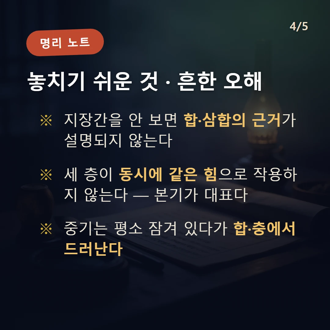 지장간 주의·오해 — 지장간을 안 보면 합·삼합의 근거가 설명되지 않는다 / 세 층이 동시에 같은 힘으로 작용하지 않는다 — 본기가 대표다 / 중기는 평소 잠겨 있다가 합·충에서 드러난다