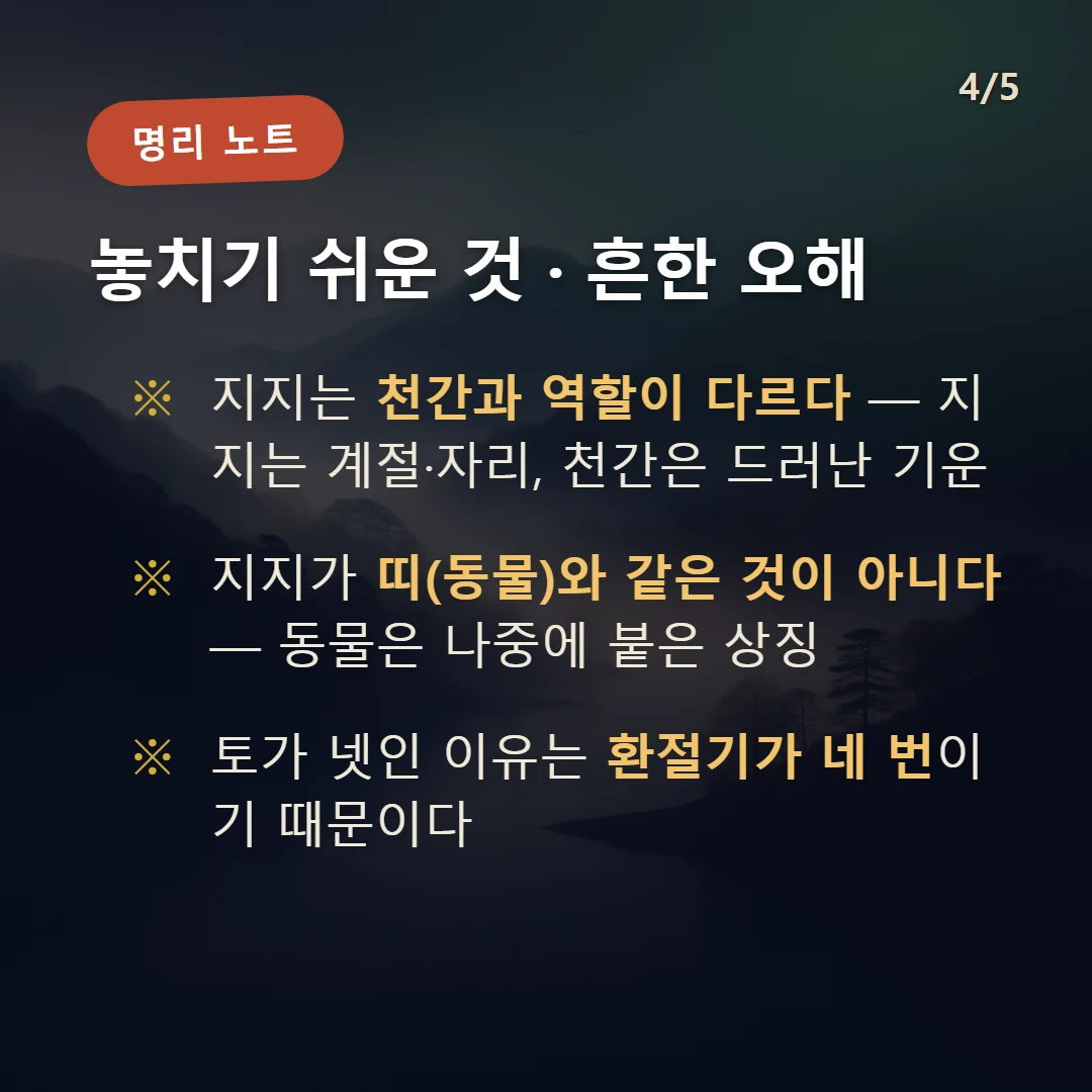 지지 주의·오해 — 지지는 천간과 역할이 다르다 — 지지는 계절·자리, 천간은 드러난 기운 / 지지가 띠(동물)와 같은 것이 아니다 — 동물은 나중에 붙은 상징 / 토가 넷인 이유는 환절기가 네 번이기 때문이다