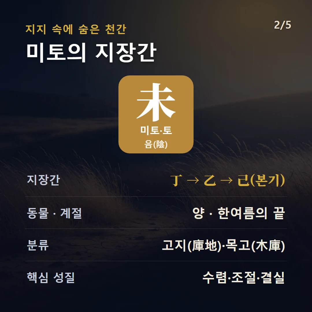 미토 지장간 — 토 음(陰), 지장간 丁 → 乙 → 己(본기), 동물 양, 한여름의 끝, 고지(庫地)·목고(木庫)