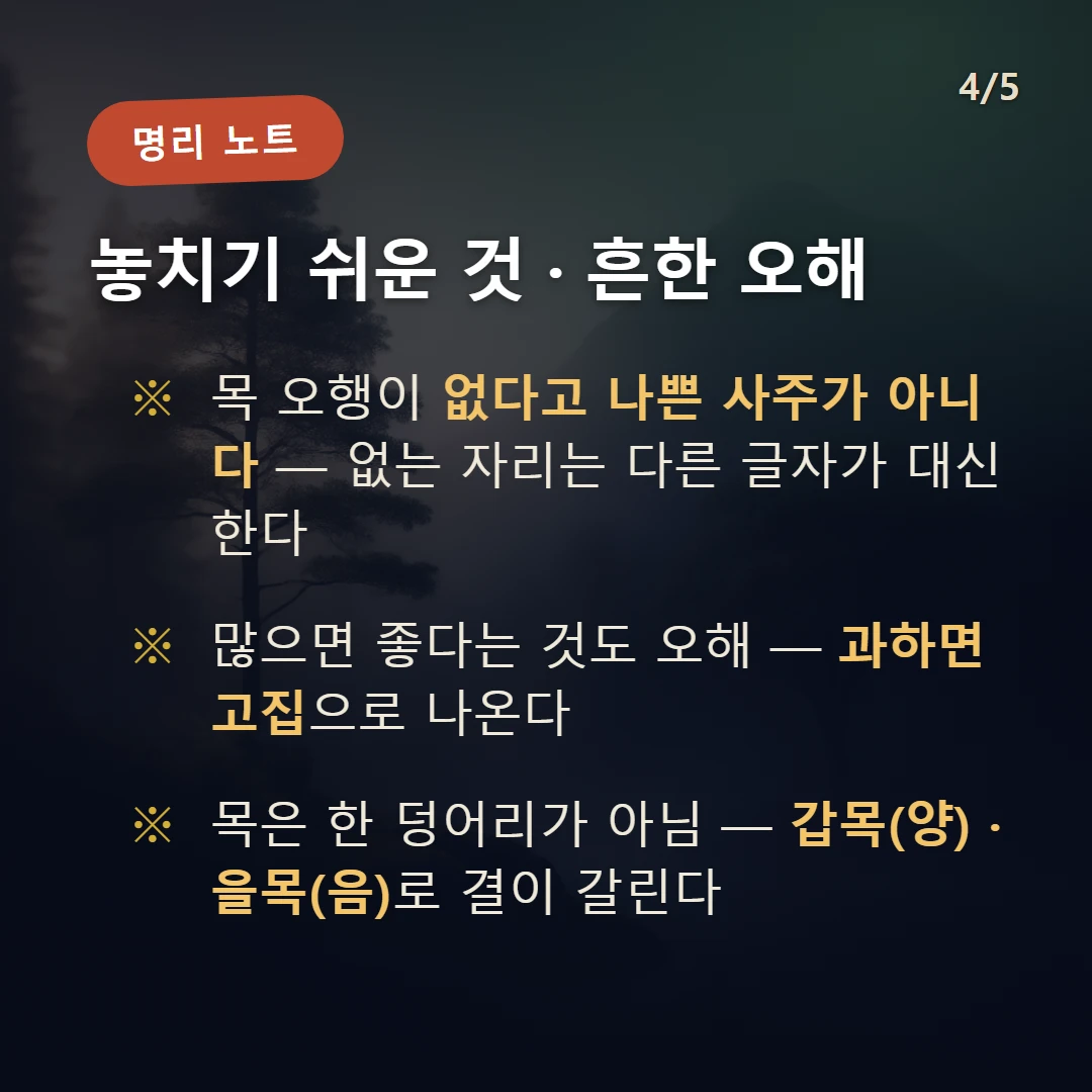 목(木) 주의·오해 — 목 오행이 없다고 나쁜 사주가 아니다 — 없는 자리는 다른 글자가 대신한다 / 많으면 좋다는 것도 오해 — 과하면 고집으로 나온다 / 목은 한 덩어리가 아님 — 갑목(양) · 을목(음)로 결이 갈린다