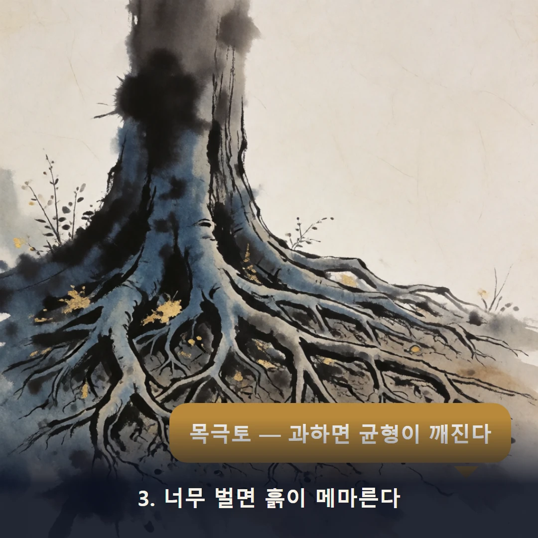 웹툰 3컷 — 3. 너무 벌면 흙이 메마른다 (목극토 — 과하면 균형이 깨진다)