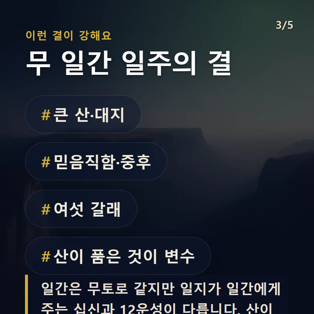 무 일간 일주의 결 — #큰 산·대지 #믿음직함·중후 #여섯 갈래 #산이 품은 것이 변수