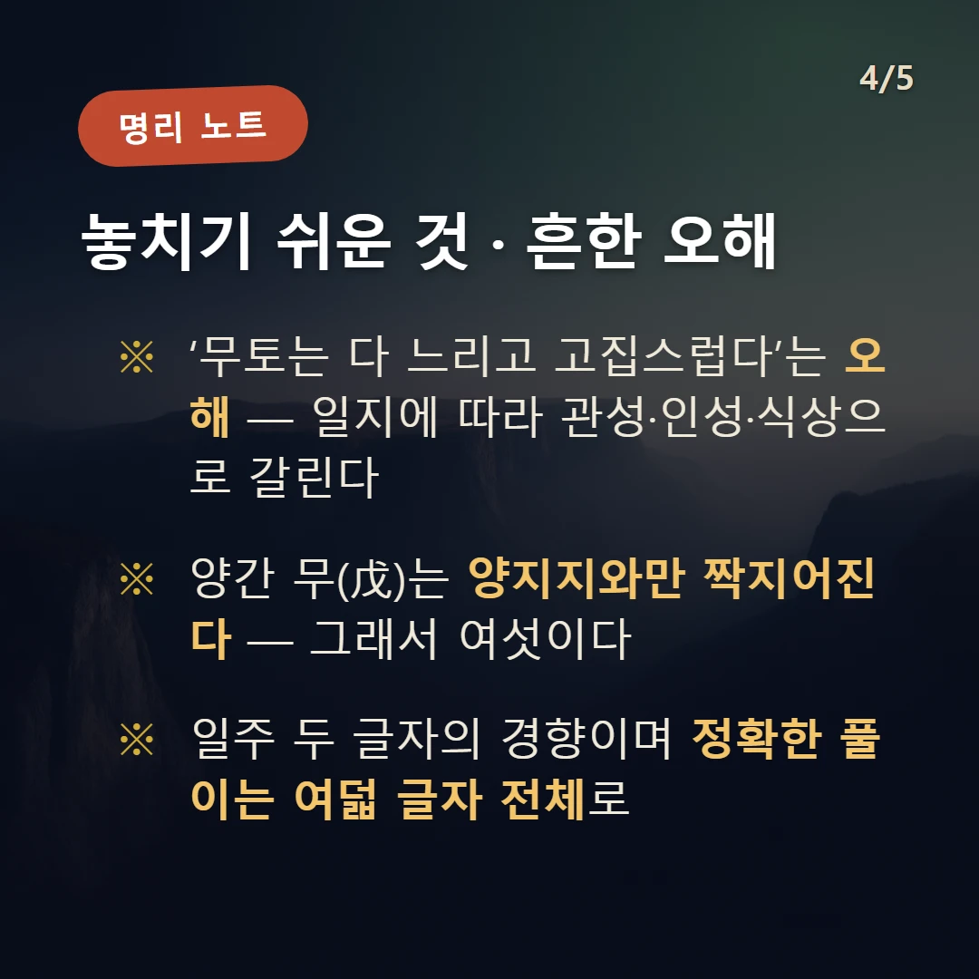 무 일간 일주 주의·오해 — ‘무토는 다 느리고 고집스럽다’는 오해 — 일지에 따라 관성·인성·식상으로 갈린다 / 양간 무(戊)는 양지지와만 짝지어진다 — 그래서 여섯이다 / 일주 두 글자의 경향이며 정확한 풀이는 여덟 글자 전체로