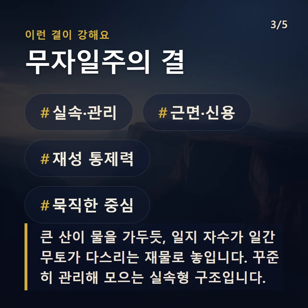 무자일주의 결 — #실속·관리 #근면·신용 #재성 통제력 #묵직한 중심
