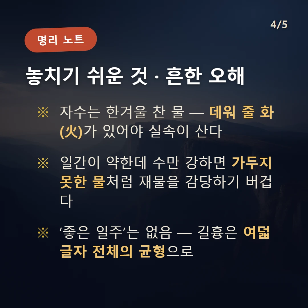 무자일주 주의·오해 — 자수는 한겨울 찬 물 — 데워 줄 화(火)가 있어야 실속이 산다 / 일간이 약한데 수만 강하면 가두지 못한 물처럼 재물을 감당하기 버겁다 / ‘좋은 일주’는 없음 — 길흉은 여덟 글자 전체의 균형으로