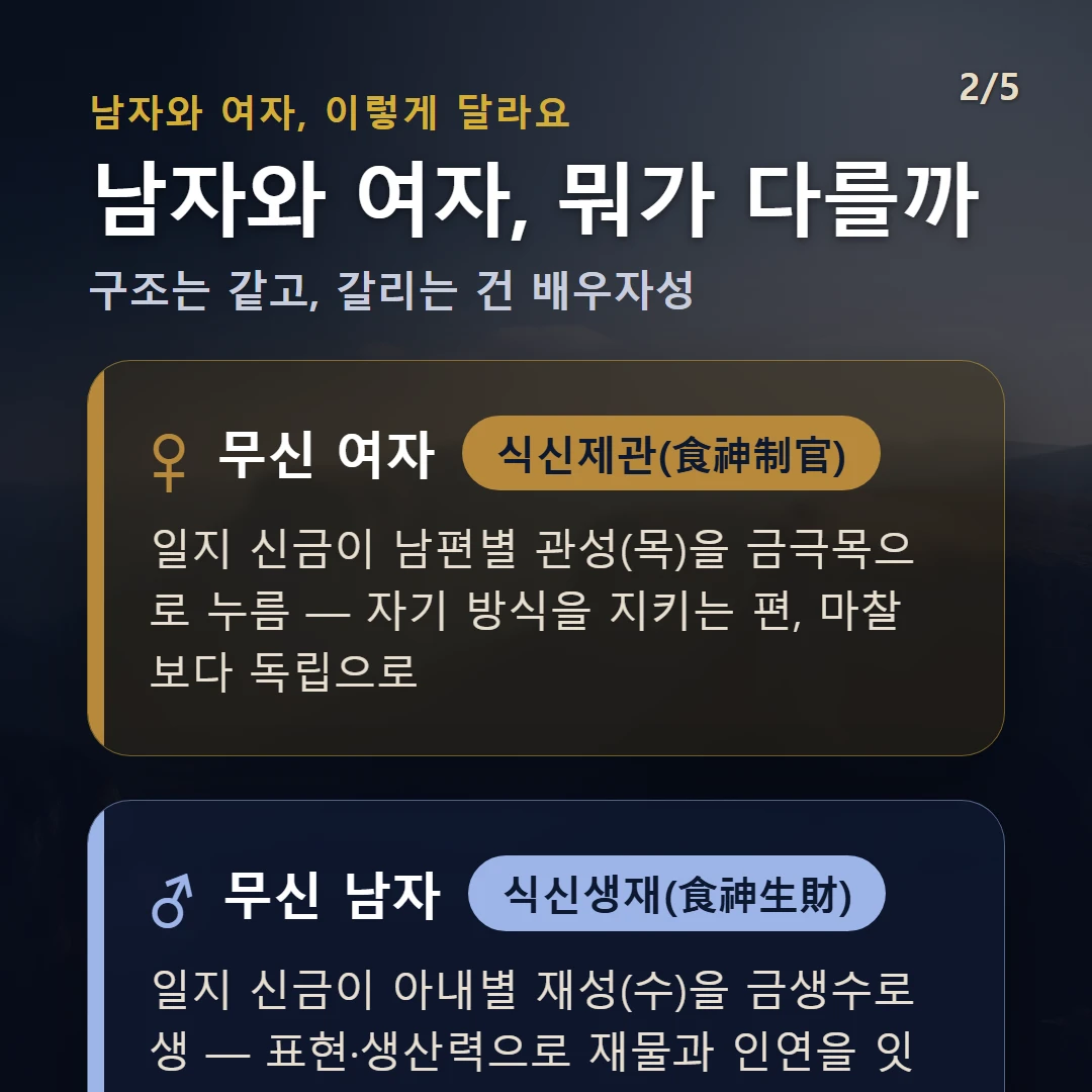 무신일주 남녀 차이 — 여자 식신제관(食神制官): 일지 신금이 남편별 관성(목)을 금극목으로 누름 — 자기 방식을 지키는 편, 마찰보다 독립으로 / 남자 식신생재(食神生財): 일지 신금이 아내별 재성(수)을 금생수로 생 — 표현·생산력으로 재물과 인연을 잇는 결