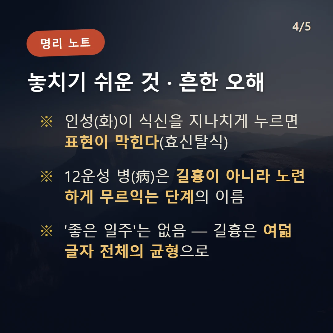 무신일주 주의·오해 — 인성(화)이 식신을 지나치게 누르면 표현이 막힌다(효신탈식) / 12운성 병(病)은 길흉이 아니라 노련하게 무르익는 단계의 이름 / '좋은 일주'는 없음 — 길흉은 여덟 글자 전체의 균형으로