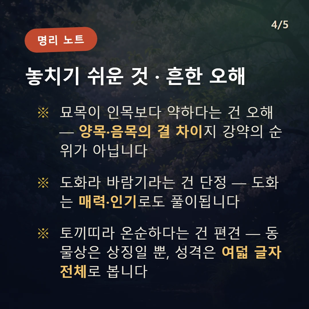 묘목 주의·오해 — 묘목이 인목보다 약하다는 건 오해 — 양목·음목의 결 차이지 강약의 순위가 아닙니다 / 도화라 바람기라는 건 단정 — 도화는 매력·인기로도 풀이됩니다 / 토끼띠라 온순하다는 건 편견 — 동물상은 상징일 뿐, 성격은 여덟 글자 전체로 봅니다