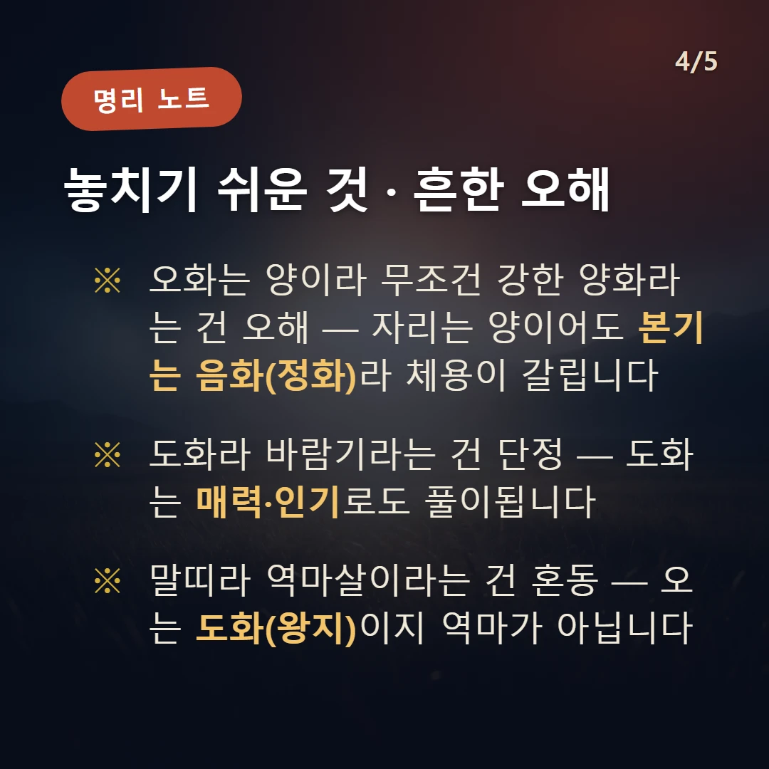 오화 주의·오해 — 오화는 양이라 무조건 강한 양화라는 건 오해 — 자리는 양이어도 본기는 음화(정화)라 체용이 갈립니다 / 도화라 바람기라는 건 단정 — 도화는 매력·인기로도 풀이됩니다 / 말띠라 역마살이라는 건 혼동 — 오는 도화(왕지)이지 역마가 아닙니다