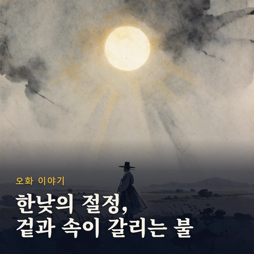 오화 이야기 표지 — 한낮의 절정, 겉과 속이 갈리는 불
