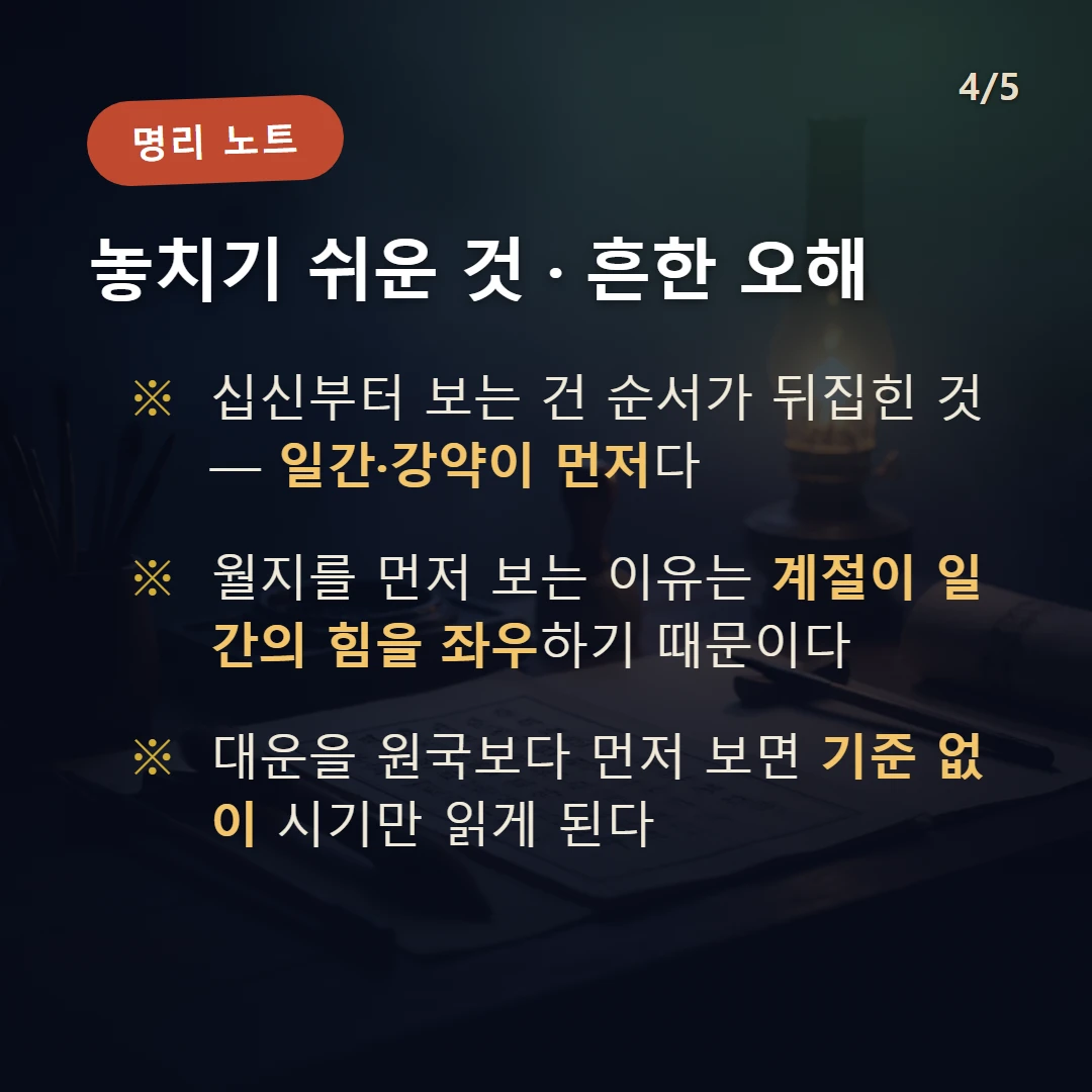 사주 읽는 순서 주의·오해 — 십신부터 보는 건 순서가 뒤집힌 것 — 일간·강약이 먼저다 / 월지를 먼저 보는 이유는 계절이 일간의 힘을 좌우하기 때문이다 / 대운을 원국보다 먼저 보면 기준 없이 시기만 읽게 된다