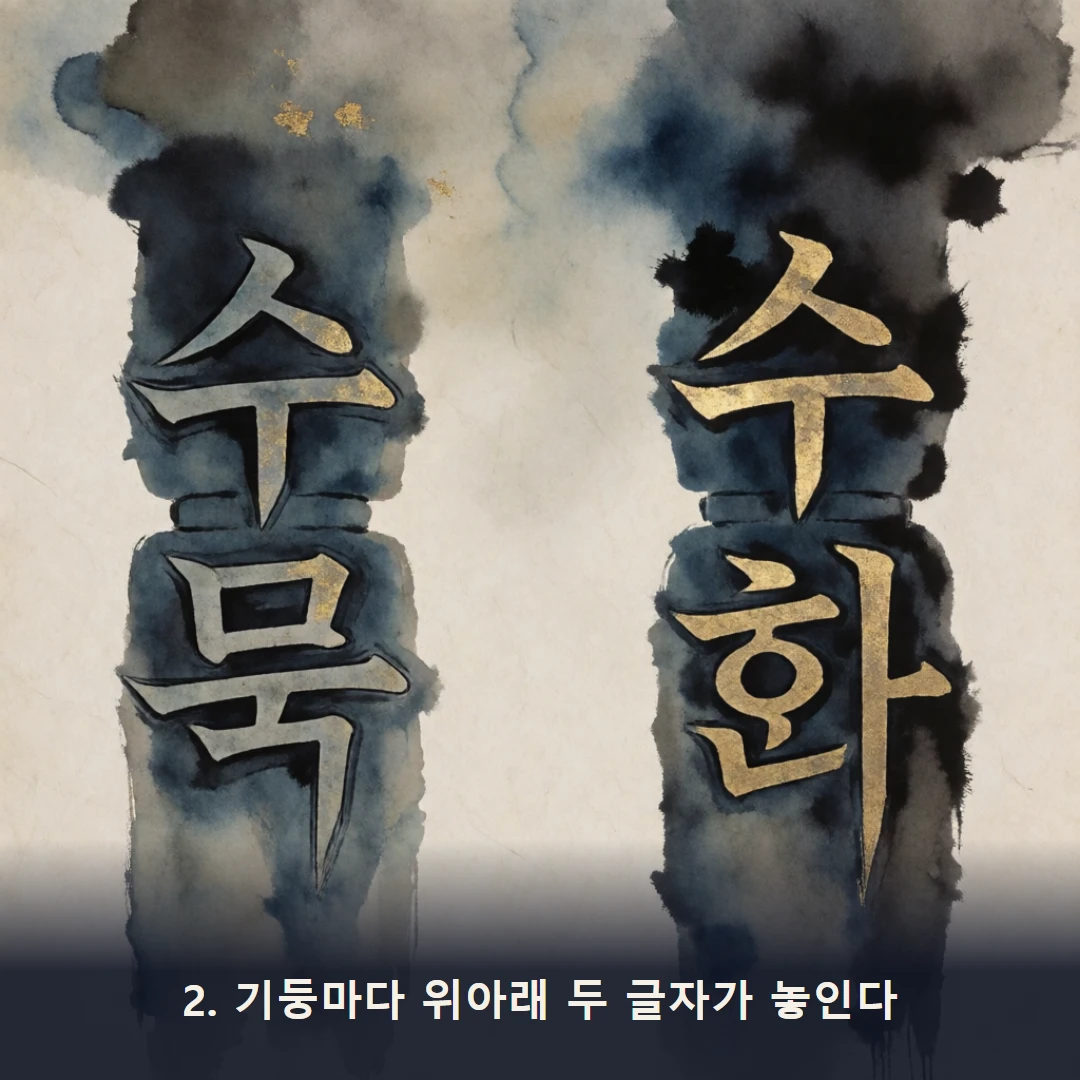 웹툰 2컷 — 2. 기둥마다 위아래 두 글자가 놓인다