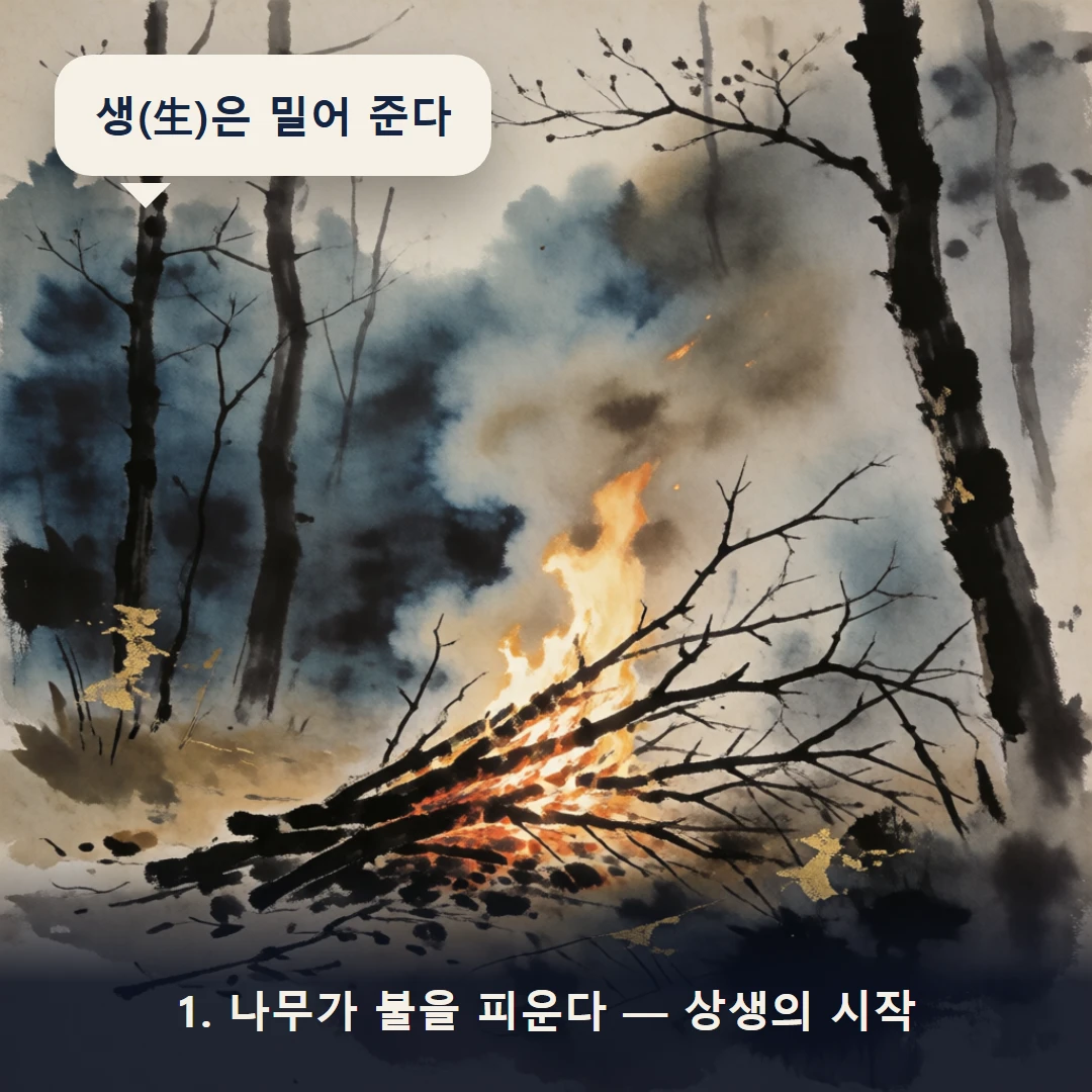 웹툰 1컷 — 1. 나무가 불을 피운다 — 상생의 시작 (생(生)은 밀어 준다)