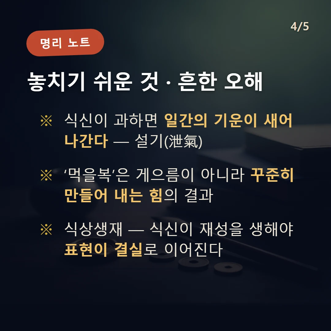 식신 주의·오해 — 식신이 과하면 일간의 기운이 새어나간다 — 설기(泄氣) / ‘먹을복’은 게으름이 아니라 꾸준히 만들어 내는 힘의 결과 / 식상생재 — 식신이 재성을 생해야 표현이 결실로 이어진다