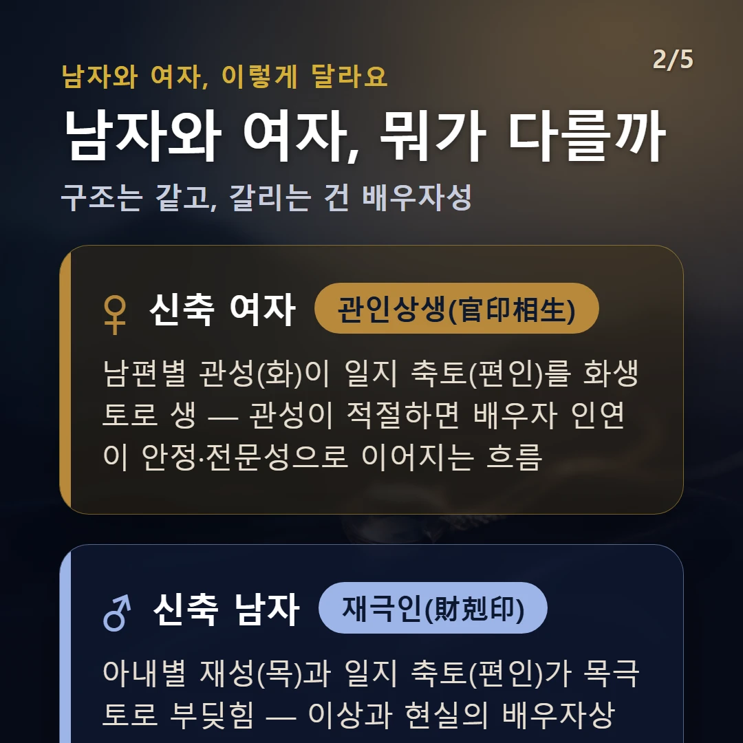 신축일주 남녀 차이 — 여자 관인상생(官印相生): 남편별 관성(화)이 일지 축토(편인)를 화생토로 생 — 관성이 적절하면 배우자 인연이 안정·전문성으로 이어지는 흐름 / 남자 재극인(財剋印): 아내별 재성(목)과 일지 축토(편인)가 목극토로 부딪힘 — 이상과 현실의 배우자상이 엇갈리기 쉬운 결
