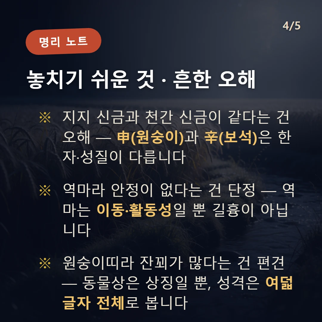 신금 주의·오해 — 지지 신금과 천간 신금이 같다는 건 오해 — 申(원숭이)과 辛(보석)은 한자·성질이 다릅니다 / 역마라 안정이 없다는 건 단정 — 역마는 이동·활동성일 뿐 길흉이 아닙니다 / 원숭이띠라 잔꾀가 많다는 건 편견 — 동물상은 상징일 뿐, 성격은 여덟 글자 전체로 봅니다