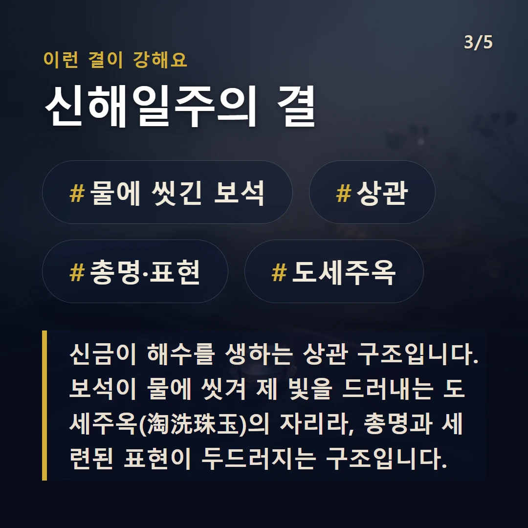 신해일주의 결 — #물에 씻긴 보석 #상관 #총명·표현 #도세주옥