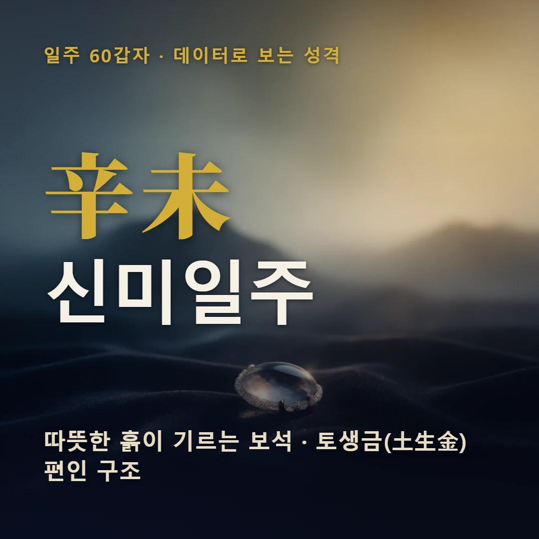 신미일주 표지 — 따뜻한 흙이 기르는 보석 · 토생금(土生金) 편인 구조