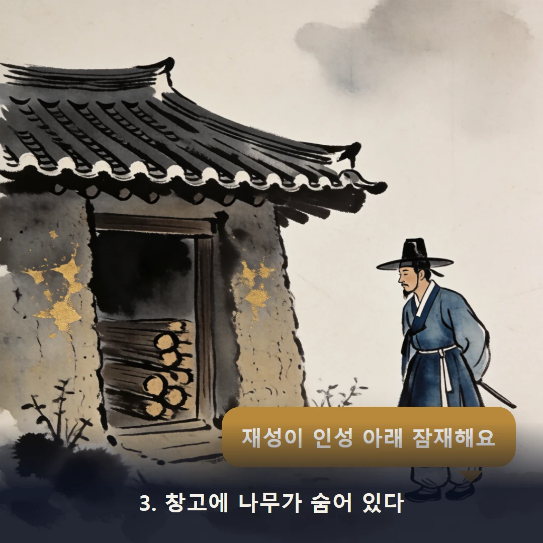 웹툰 3컷 — 3. 창고에 나무가 숨어 있다 (재성이 인성 아래 잠재해요)