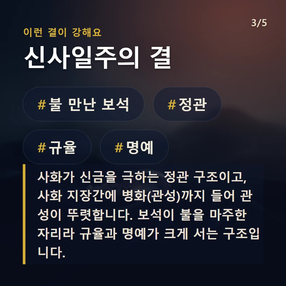 신사일주의 결 — #불 만난 보석 #정관 #규율 #명예
