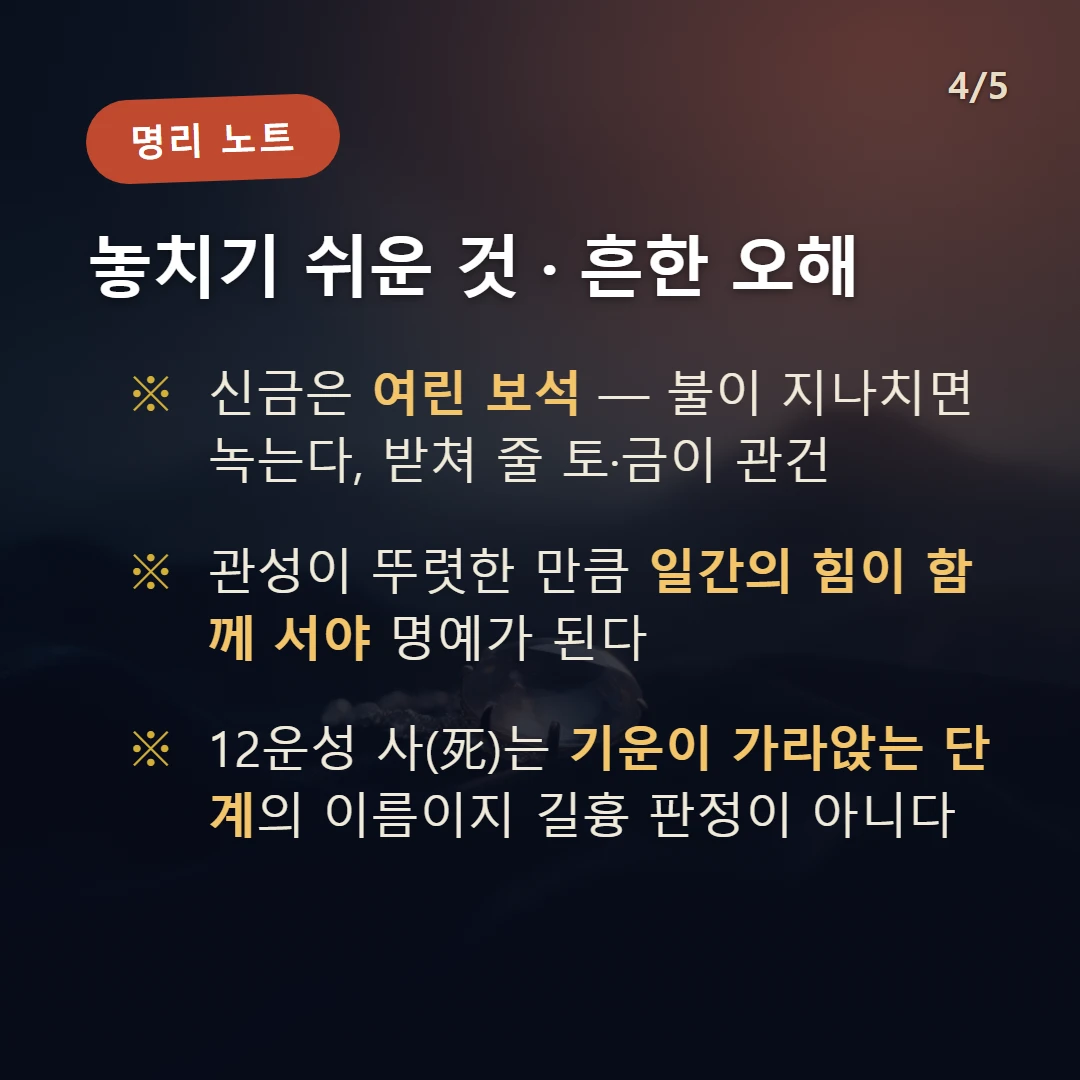 신사일주 주의·오해 — 신금은 여린 보석 — 불이 지나치면 녹는다, 받쳐 줄 토·금이 관건 / 관성이 뚜렷한 만큼 일간의 힘이 함께 서야 명예가 된다 / 12운성 사(死)는 기운이 가라앉는 단계의 이름이지 길흉 판정이 아니다