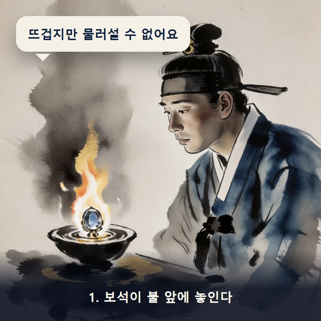 웹툰 1컷 — 1. 보석이 불 앞에 놓인다 (뜨겁지만 물러설 수 없어요)