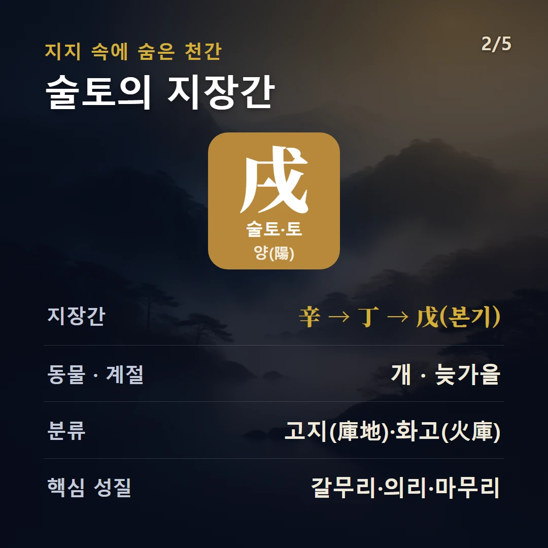 술토 지장간 — 토 양(陽), 지장간 辛 → 丁 → 戊(본기), 동물 개, 늦가을, 고지(庫地)·화고(火庫)